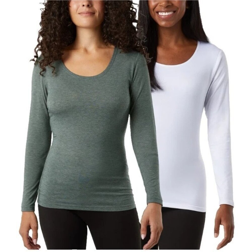 NEW 32 Degrees Heat Women's S 2 Pack Long Sleeve Scoop White & Green M0842